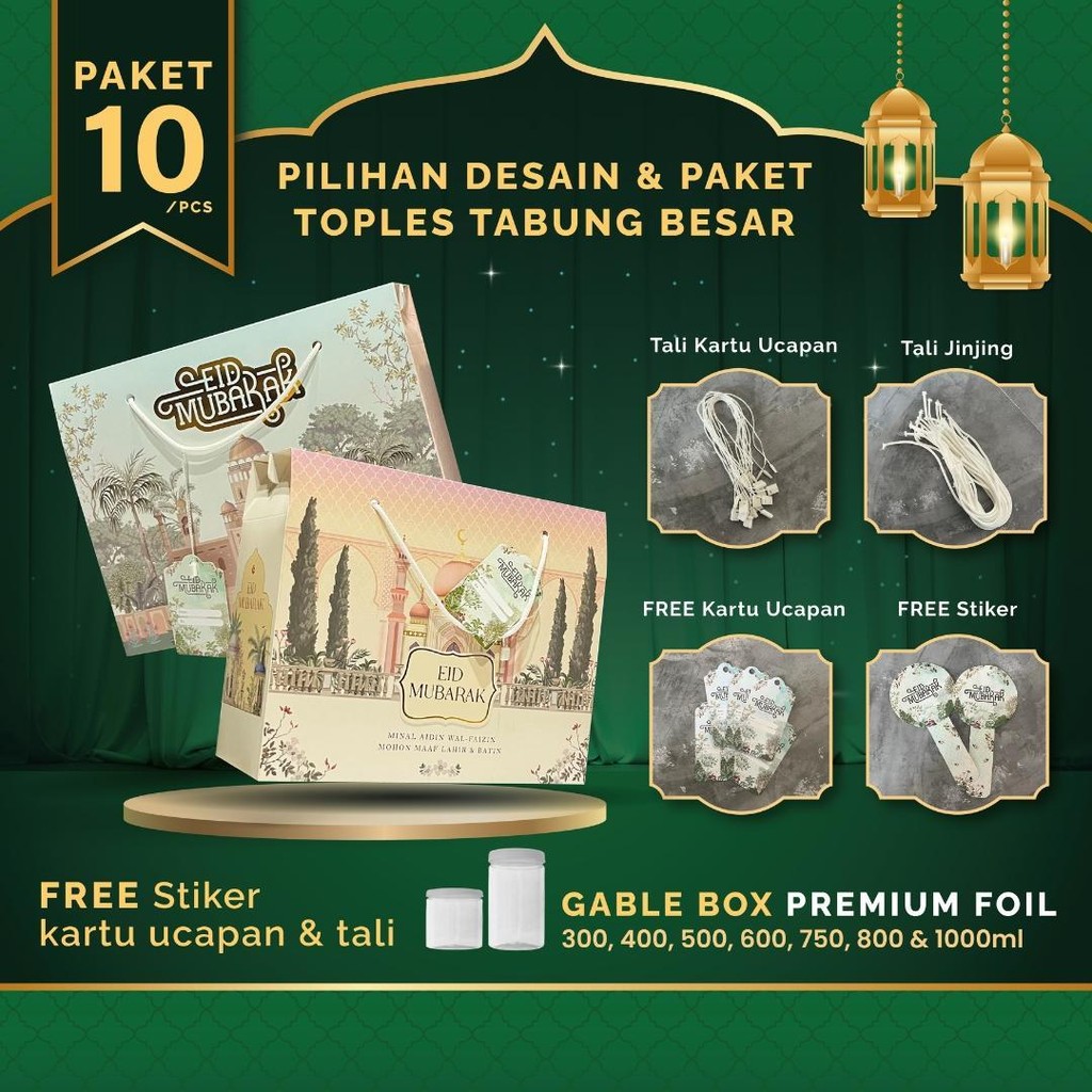 

10PCS Gable box kotak hampers lebaran idul fitri toples tabung besar premium finishing foil gold timbul ukuran (27x9x21,6 cm) muat toples tabung (300ml, 400ml : 6 toples) atau (500ml, 600ml, 750ml, 800ml dan 1000ml : 3 toples)