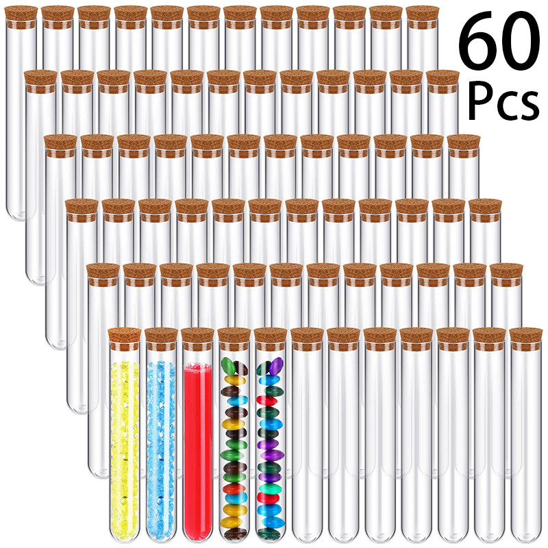 60Pcs Round Bottom Disposable Plastic Test Tube Transparent Acrylic Sealed Hard Plastic Test Tube Bo