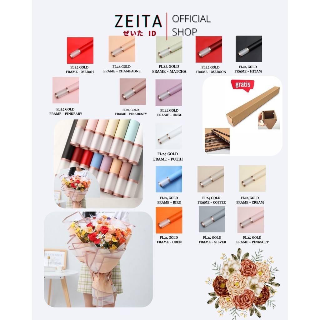 

Zeita - (5 LEMBAR) - FL24 GOLD FRAME Kertas Bunga Paper Buket Motif Gold Frame Tebal Transparan Florist Cellophane