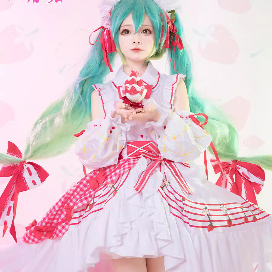 Mikuu SNOW Strawberry MIKU Cosplay Costume Wig Anime Women Lovely Lolita Dress Game 15th Anniversary