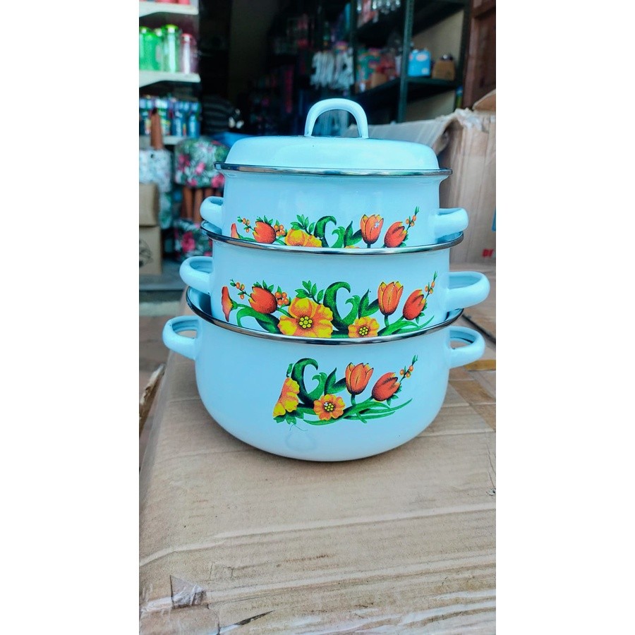 NEW Panci Bunga Calypso 3 Susun / Panci Enamel Bunga Set 3pcs