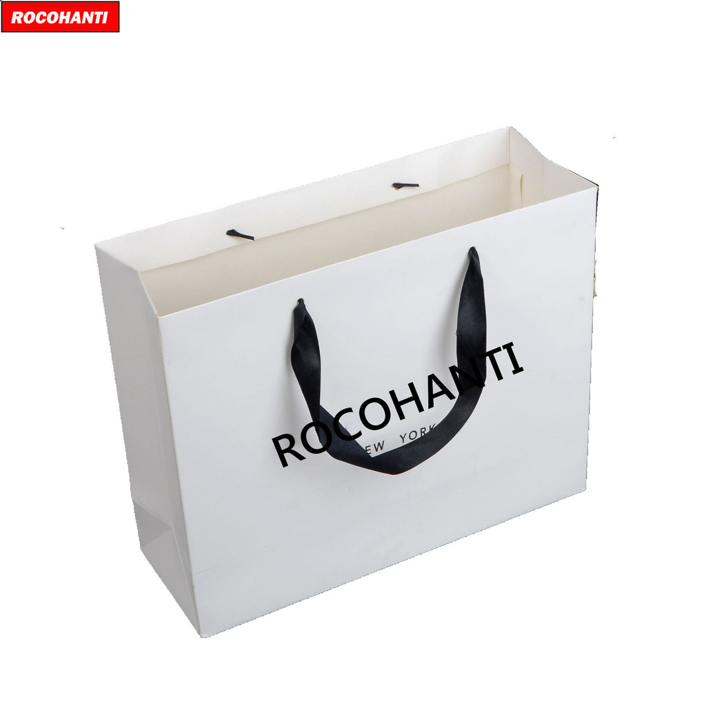 

50pcs Customised Logo Cardboard White Shopping Paper Gift Packaging Bags With Black Ribbon Handle for Clothing Wigs Packing Box