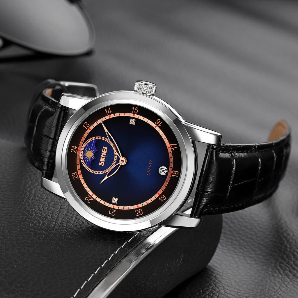Jam Tangan Pria Analog Leather Strap Moon Phase Waterproof 30M - 9300