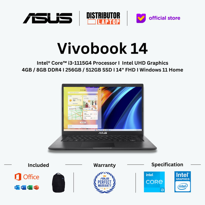 Laptop ASUS Vivobook 14 A1400EA I3 1115G4 RAM 8GB 512GB SSD OHS - Black 4GB, 512GB