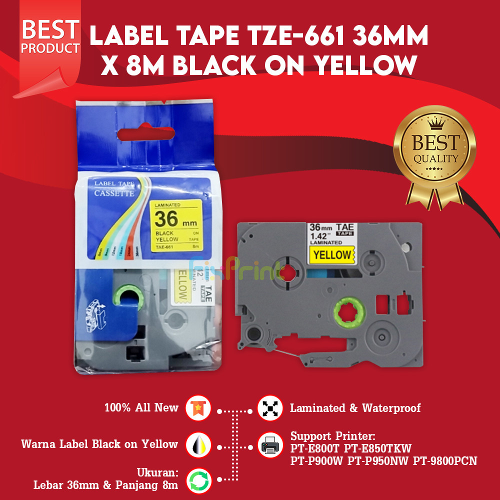 

Label Tape Laminated 36mm TZE-661 Black On Yellow Casette Compatible