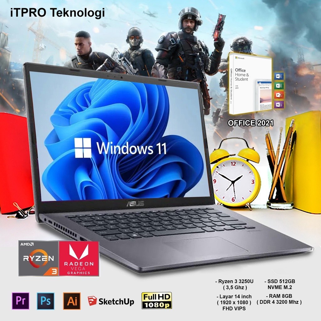 Laptop Bisnis, Desain dan Gaming ASUS M415DAO - VIPS351/VIPS352 - Ryzen 3 3250U,RAM 8GB, SSD 512GB, 14"FHD IPS, Vega 3, Win11, OHS 2021 ( Laptop Murah, Laptop Kantor, Laptop Sekolah )
