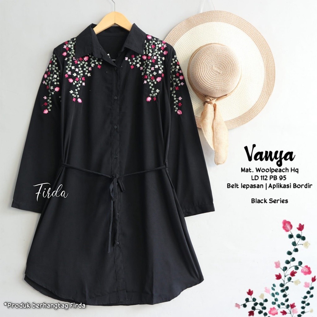 Kemeja Tunik Wolfis HQ Warna Hitam dan Putih Motif Bordir Vanya Tunik Lengan Panjang Busui Kekinian/