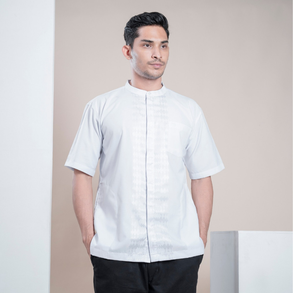 Muslimadani Baju Koko Dewasa SYAREEF Kemko Lengan Pendek Baju Koko Putih Promo Idul Adha