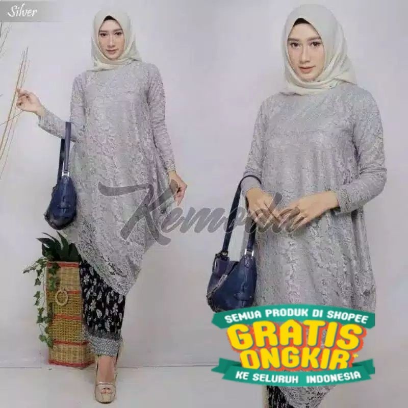 COD. Setelan Kebaya Brukat Tunik Miring Dewasa Plus Rok Plisket Batik Panjang Baju Kebaya Wanita Mus