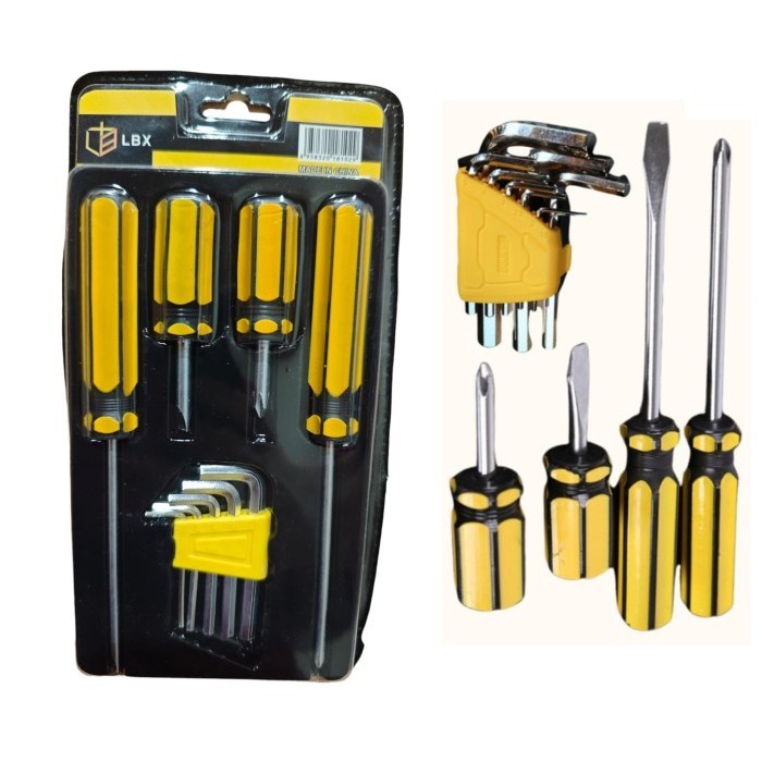 Set Obeng Plus Minus LBX Kunci L Tools 9 in 1 Screwdriver With Hex Key Kunci Set Obeng Panjang Pendek plus minus + -  5 buah Kunci L ukuran 2, 3, 4, 5, 6 mm