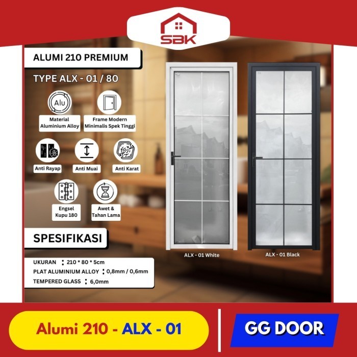 Pintu Kamar Mandi | Pintu Aluminium 80x210 Tempered Glass GG ALUMI 80 ALX Series