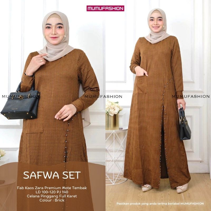 AJR-SAFWA SET/KENZI SET SETELAN WANITA MUSLIMAH GAMIS DAN CELANA MOTIF KOTAK KOTAK by MUMUFASHION