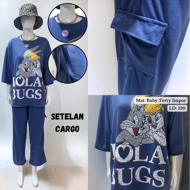 [KODE A] KAOS ELDA LABEL SETCEL MOTIF SET CARGO DAN DRESS OVERSIZE MURAH