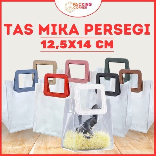 

Tas Mika PVC Transparan Handle Persegi Kulit 14x12,5cm 14 x 12,5 cm Leather Goodie Bag Kantong Souvenir Hampers Aksesoris Ulang Tahun Lebaran Aneka Warna Pegangan Premium