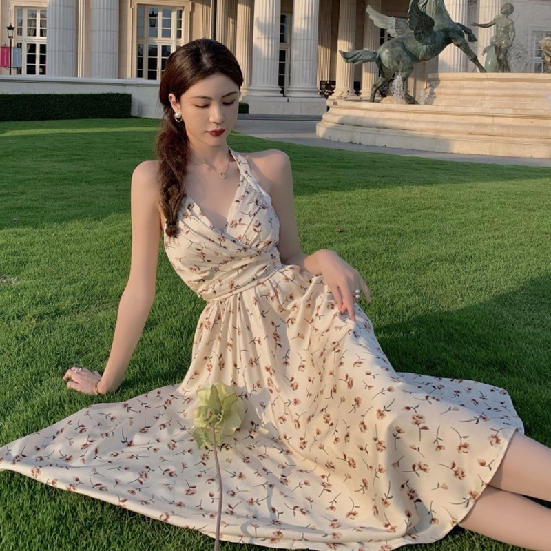 Yoohui QZ106 Long Dress Wanita leher halter Casual Dress Overall Floral Korean Dress Vintage Dress S