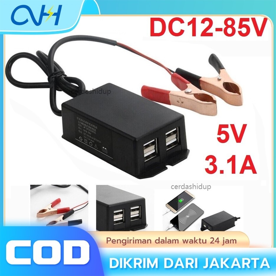 Adaptor Charger HP Darurat Pasang Ke AKI Motor Mobil Universal 4 USB Sambungan Charger Casan HP ke A