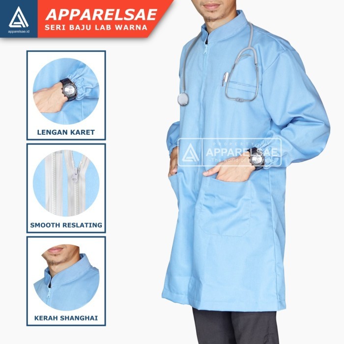 Jas Lab warna Jas Laboratorium Warna Biru Lengan Panjang Karet - S