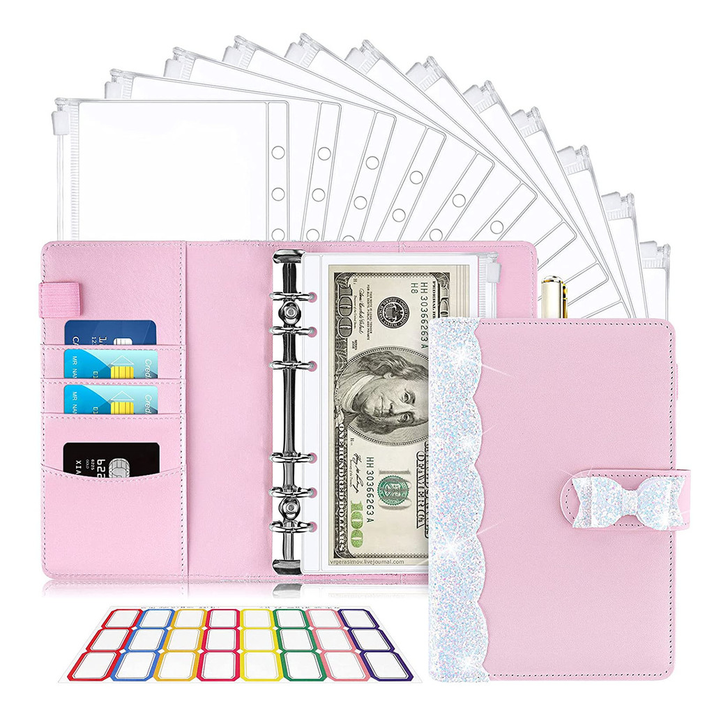 

14 Pieces A6 PU Leather 6-Ring Money Saving Binder Cash Envelopes for Budgeting, with Binder Zipper Pockets,Self-adhesive Labels
