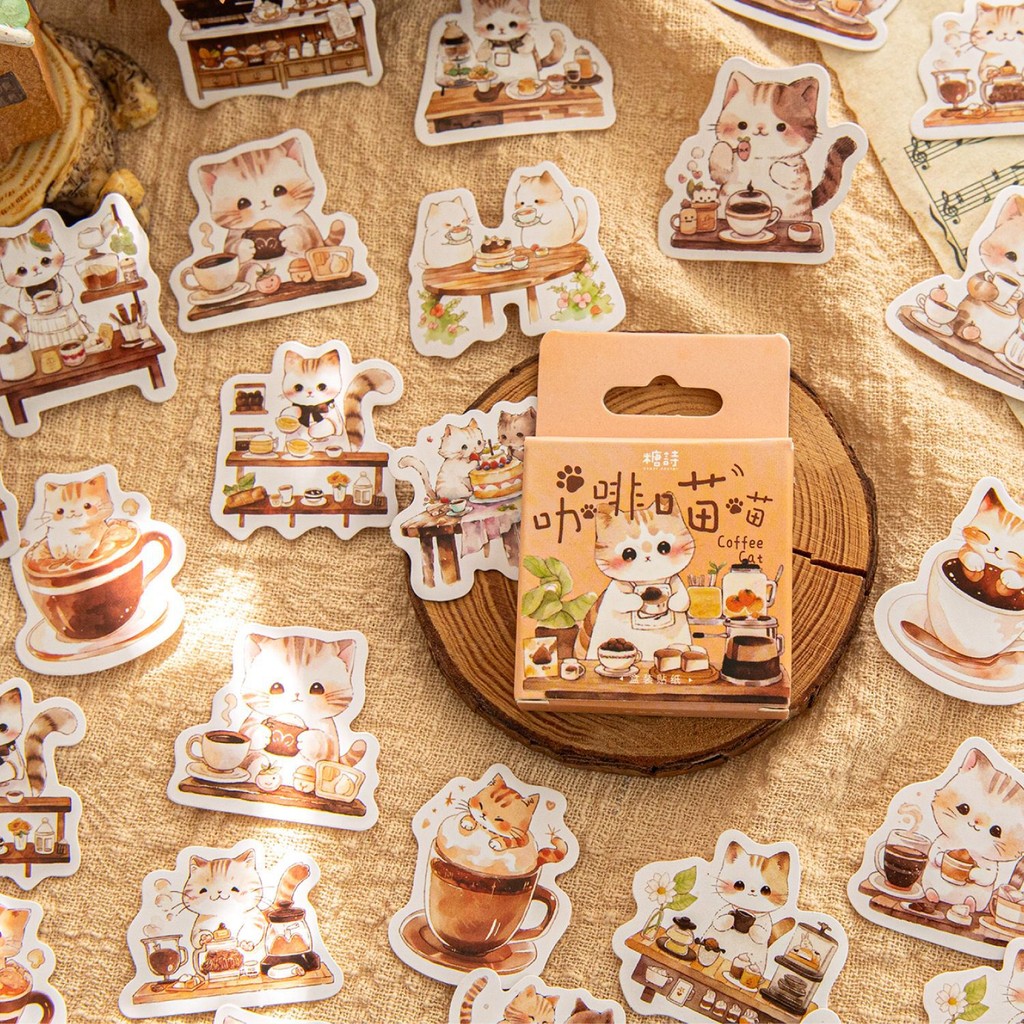 

46Pcs Cute Cartoon Coffee Cat Decorative Box Sticker Kawaii Collage Scrapbooking Label Diy Diary Album Journal Planner