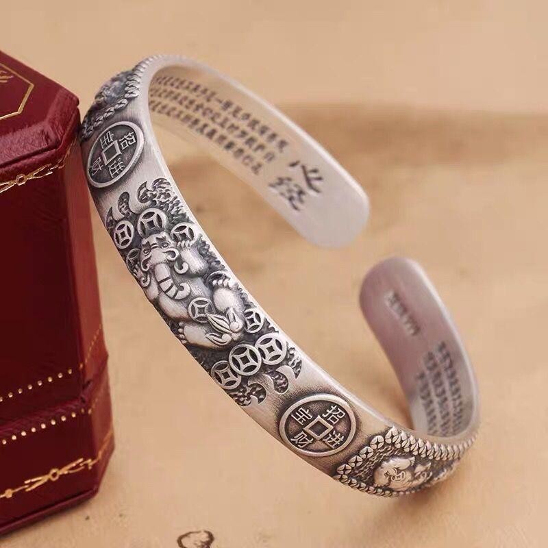 

Thai Silver Tune-bringing Pixiu Copper Coin Men Bracelet Domineering Men Personality Heart Sutra Hand Ring Birthday Gift Jewelry