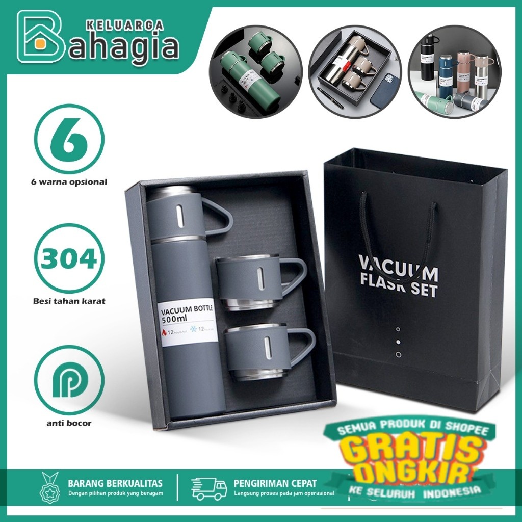 

[KB] Termos Set Vacuum FREE 2 Cangkir / Hampers Set Termos Air 500ML / Botol Minum Panas Dingin/ keluarga oleh oleh