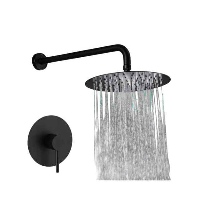 set wall shower stainless bulat 10 inch hitam+kran panas dingin tanam tembok kuningan black