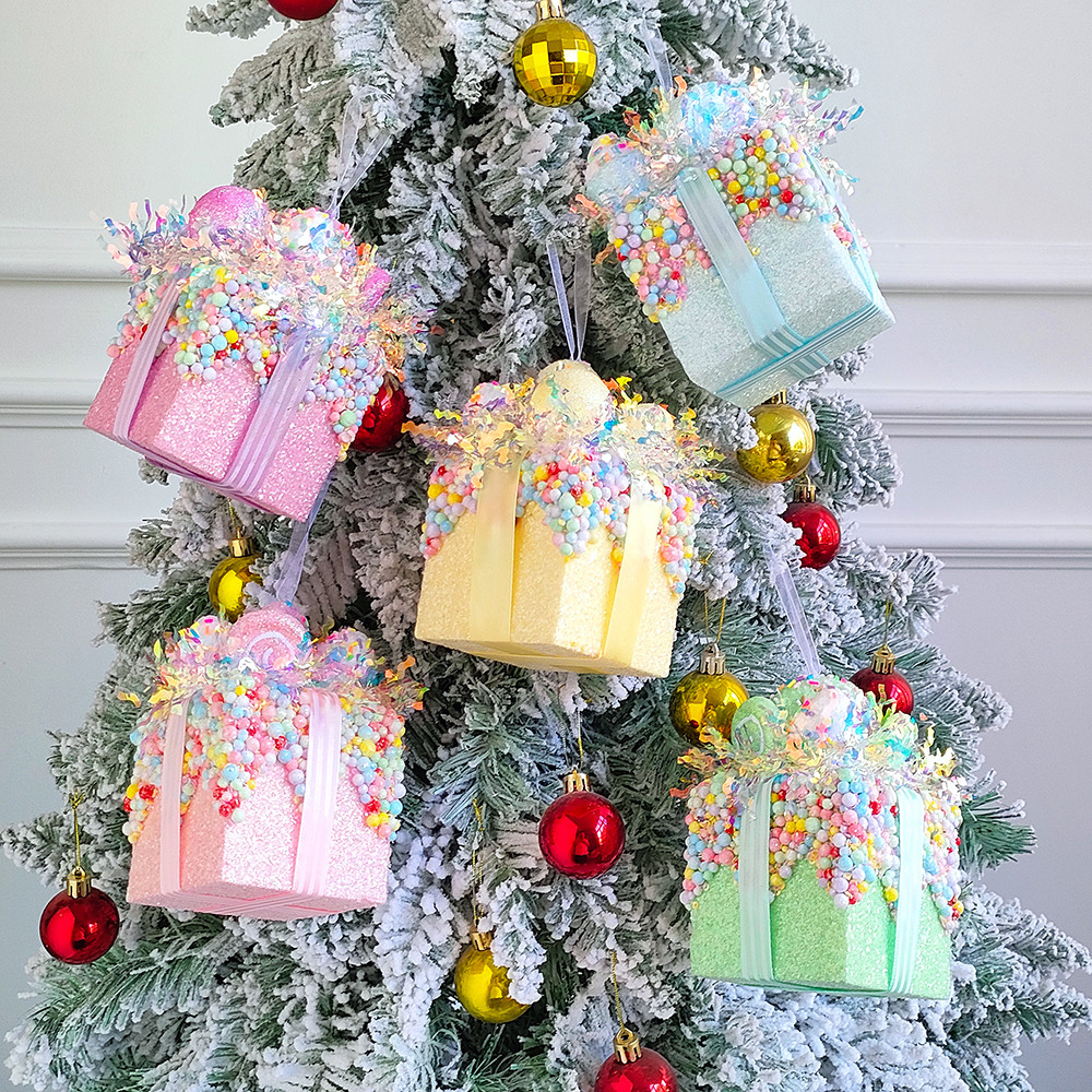 

3pcs Gift Box Cupcake Decoration Macaron Pink Candy Box Balls Xmas Tree Hanging Ornament Home New Year Decor Gift 2025