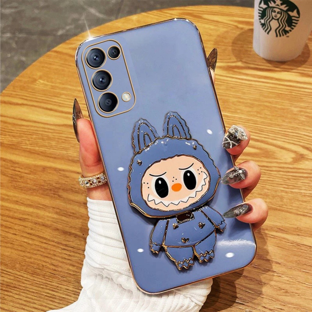 Soft Case Import Oppo Reno 4 4F 5 6 7 8 4G Casing Labubu Plating Dudukan Kaca Miror Premium