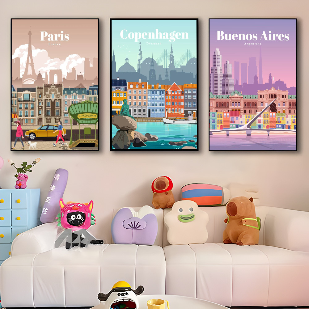 World Cities Travel Poster Rome Sydney Paris Dubai Movie Sticky Posters Whitepaper Sticker DIY Room 