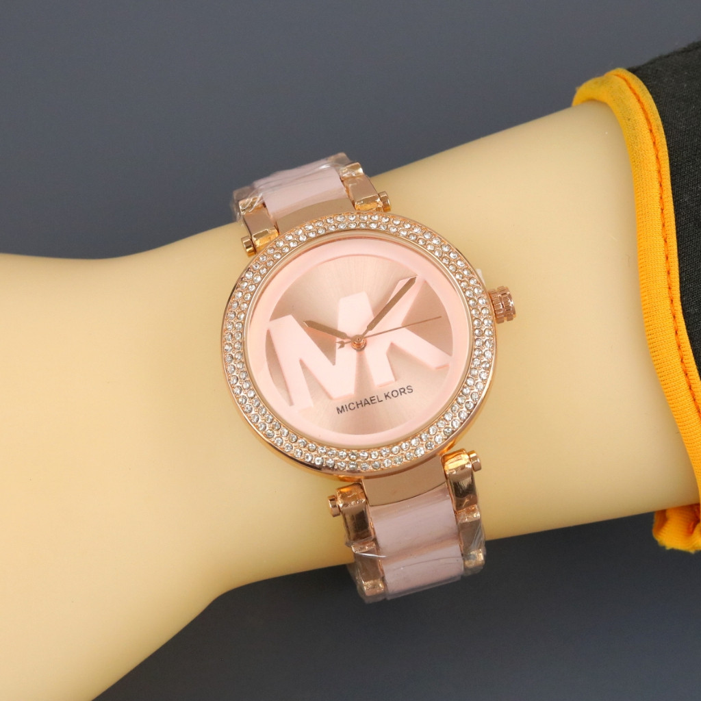 Jam Tangan Wanita MK-801 Permata Tali Rantai Kombinasi Body Bulat Box Exclusive