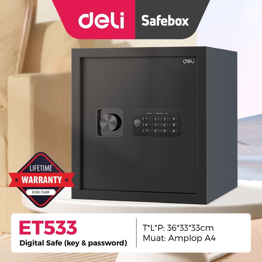 

Brankas Digital DELI ET 533 Havy Duty Carbon Steel / Digital Safe Box Dokumen / Cash Box Uang