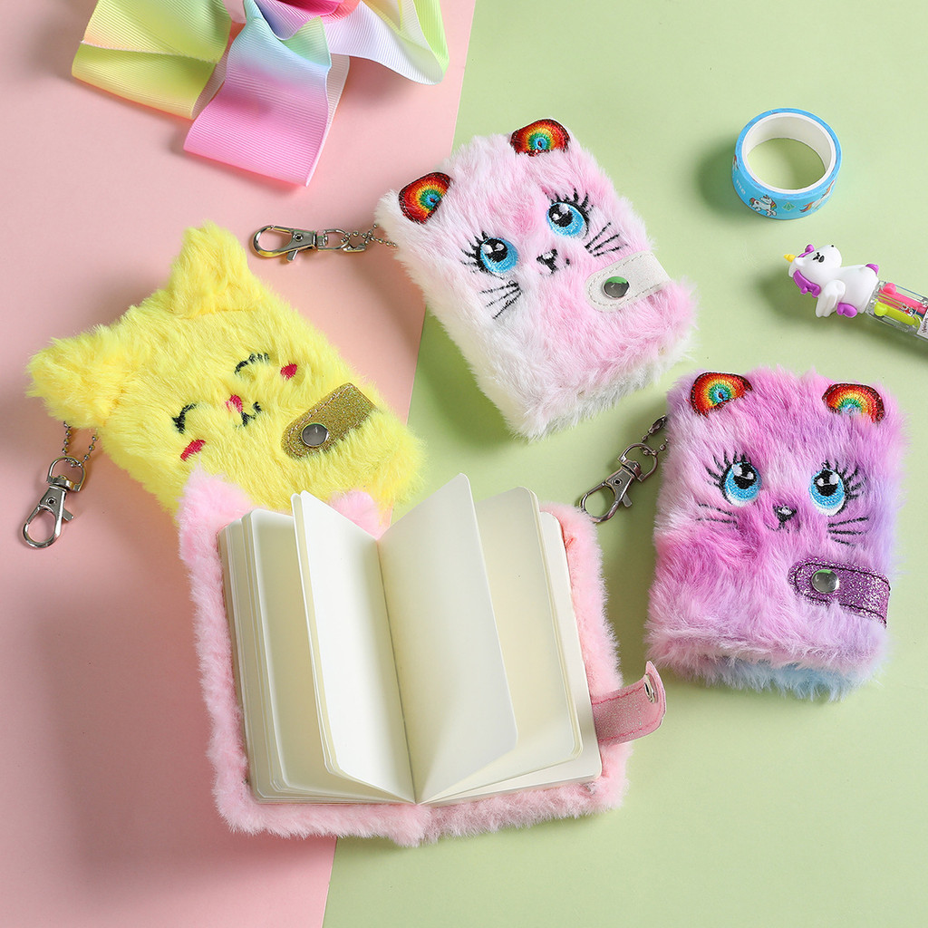 

4 styles Cute Cat Plush Notebook For Girls Pendant Furry Cats Notebook Daily Planner Journal Book Note Pad Stationery 80 Sheets