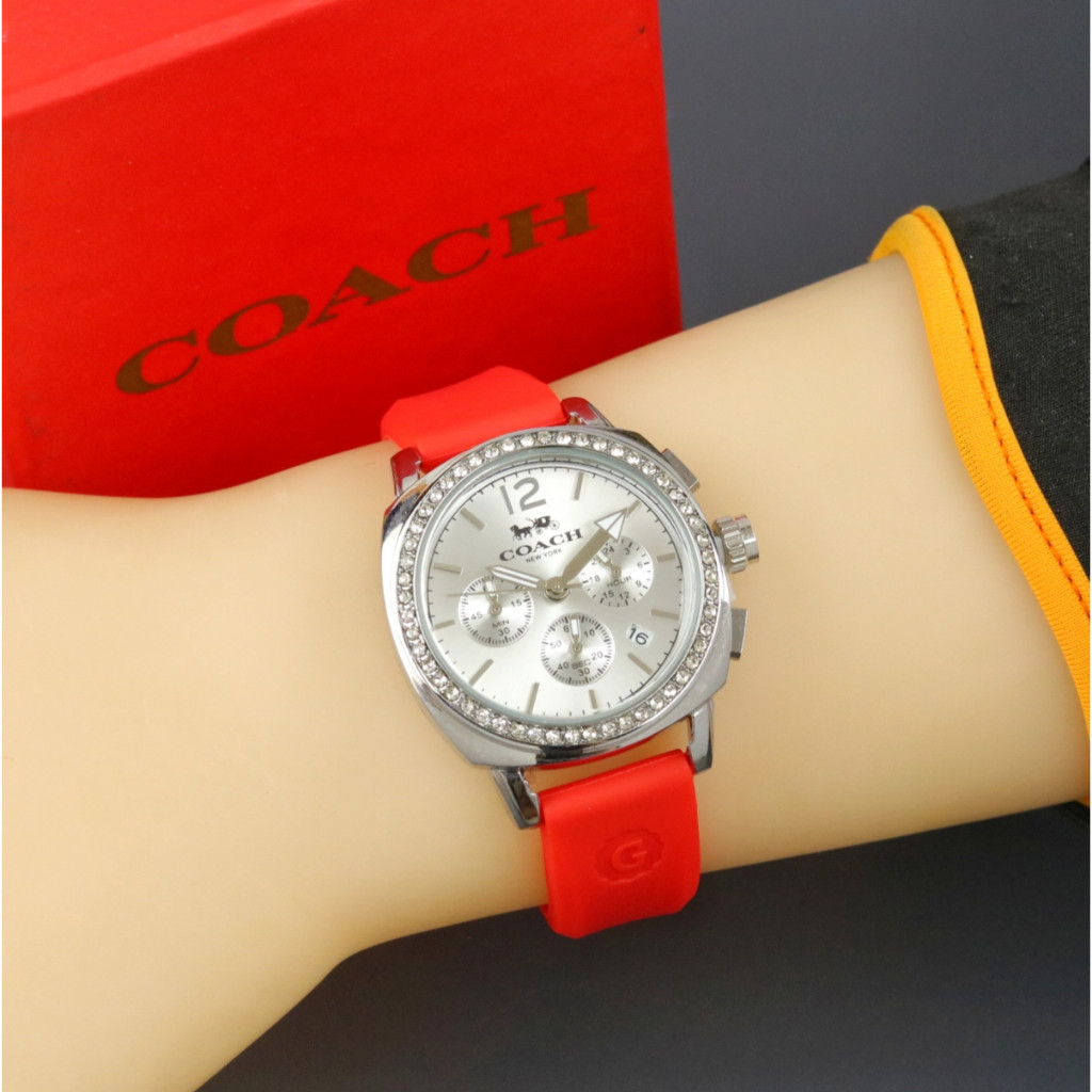 PROMO, Jam Tangan Wanita Coach-NY Permata Tali Rubber Body Silver Chrono Tanggal Aktif Box Exclusive