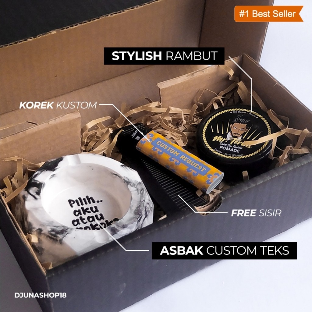 Hampers Pomade Korek Custom Sisir Asbak Ashtray Custom Teks Kado Kado Ulang Tahun Sahabat | Kado Wis