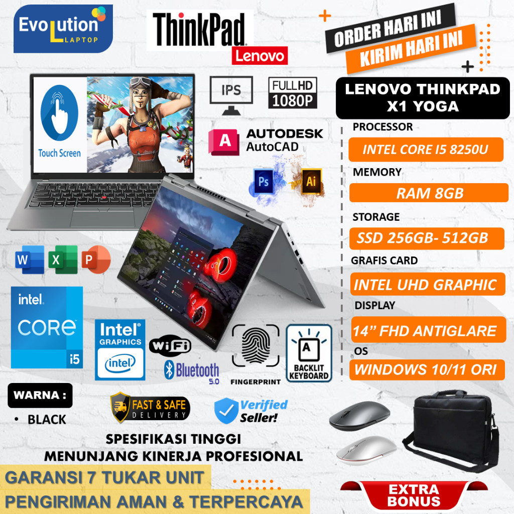 promo terbaru Laptop Flip touch Lenovo Thinkpad X1 Yoga - Thinkpad T480 Intel Core i5 RAM 16GB 512GB SSD Touchscreen windows11