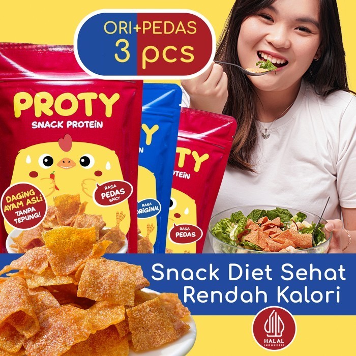 

Snack Cemilan Diet Rendah Kalori PROTY Ori(1)+Pedas(2) Keto Friendly Super Enak