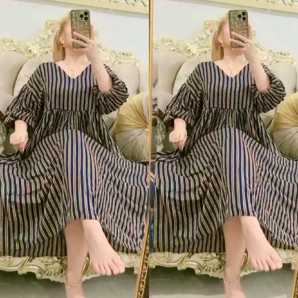 Dress Wanita Inara Rimbaa Katun Rayon Lengan Balon Tali pinggang