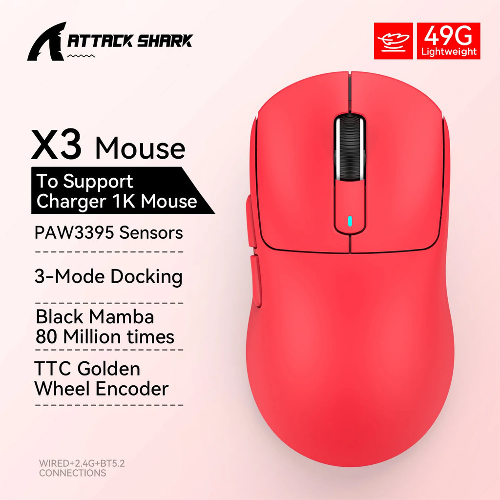 Attack Shark X3 PixArt PAW3395 Mouse Gaming, Mouse Gaming Makro ringan 2.4G koneksi tri-mode, 26000d