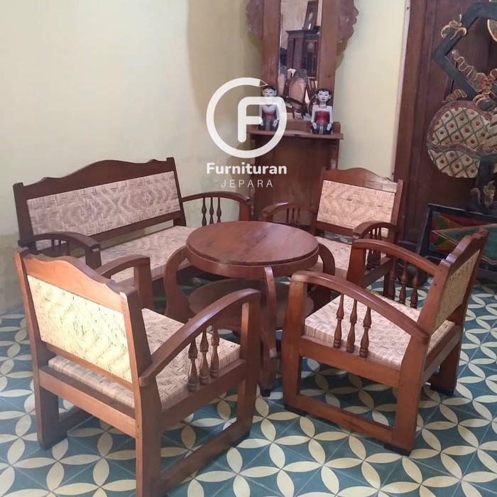 Kursi Tamu Set Vintage Klasik Jawa Kayu Jati Rotan Grade A Premium