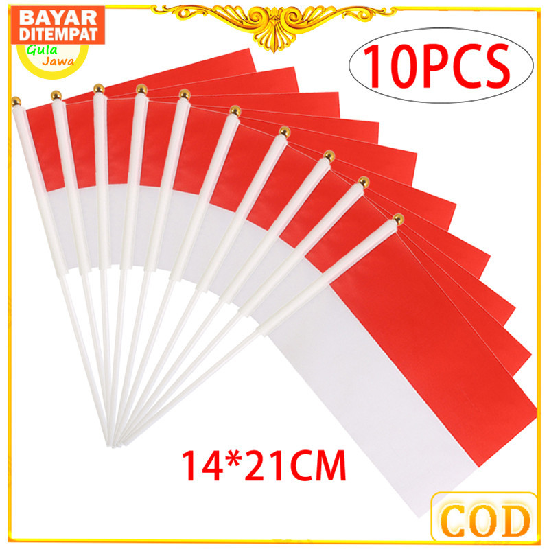 10pcs Bendera Kain Merah Putih Kecil Indonesia Pawai 17 Agustusan Bendera Tongkat Tangkai Merah Puti