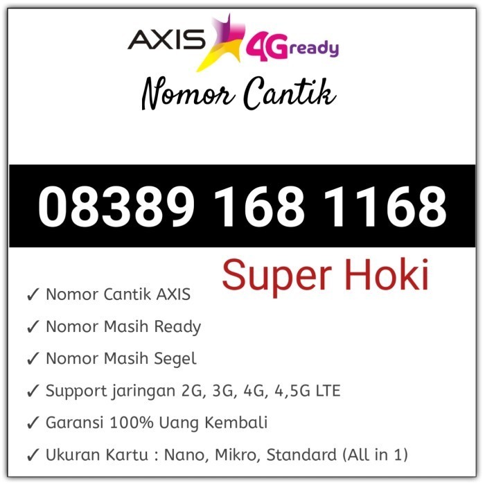 Kartu Perdana Nomor Cantik Super Hoki AXIS 08389 168 1168
