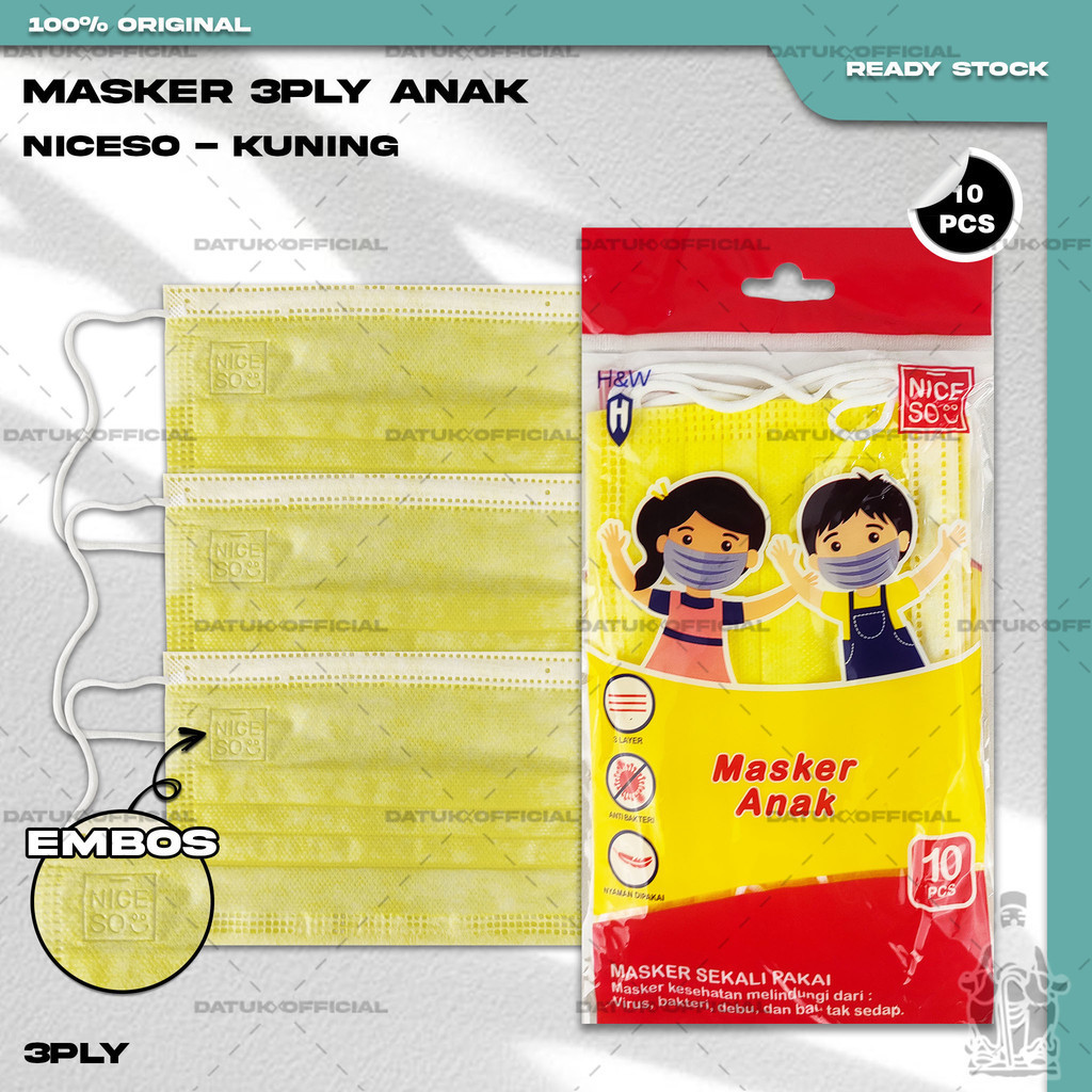 Masker Anak Medis 3Ply NICESO Isi 10Pcs Warna Kuning Yellow 3 Ply Earloop Surgical Mask Kemenkes