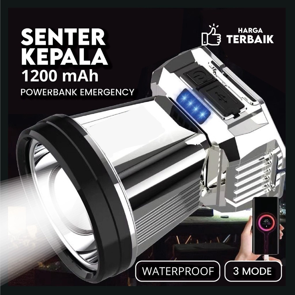 COD Senter Kepala Outdoor Amason 50W Portable Recharge Outdoor Headlamp SOS 3 MODE Tahan Air Power B