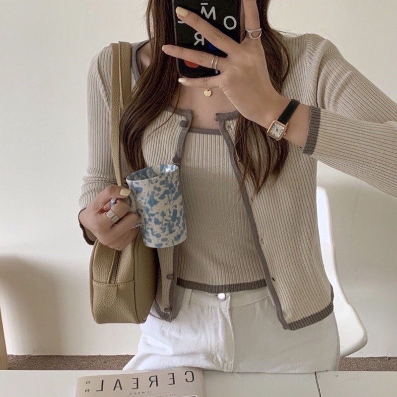 [PROMO BULAN INI ] [Ready Stock] 2 in 1 Hye Ko Top Gemma Cradigan Korea Set Atasan Wanita Rajut Prem