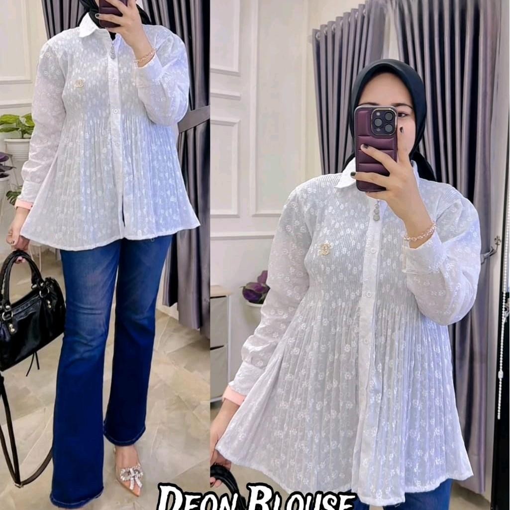 Deon Kemeja Blouse Putih Plisket Bordir Busui Full Kancing