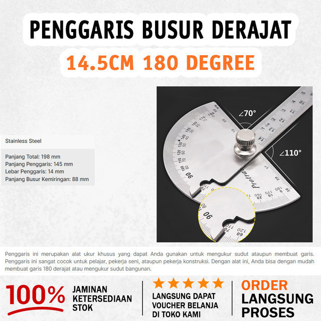 

Penggaris Jangka / Roundhead Measuring Ruler 14.5cm 180° Stainless Steel Multifungsi