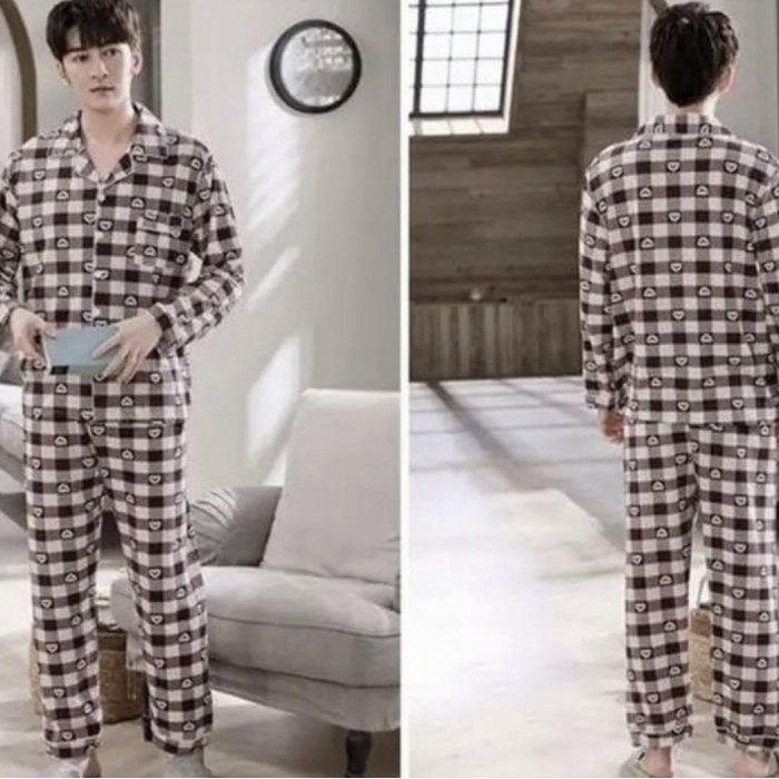 best -PIYAMA COWOK IMPORT BAJU TIDUR PRIA SET CELANA PANJANG MOTIF KANCING - 1, L