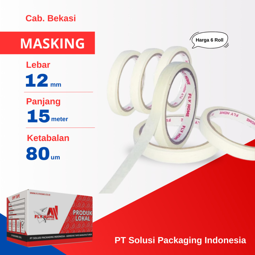 

FLYHOME 6Roll Lakban Kertas 12x15M 1/2inchi Masking Tape 15meter