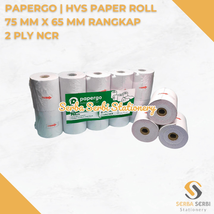 

GROSIR (1 PAK ISI 10 BIJI) PAPERGO - HVS PAPER ROLL / TELSTRUK / KERTAS STRUK KASIR 75 MM X 65 MM / 75X65 MM RANGKAP 2 PLY NCR