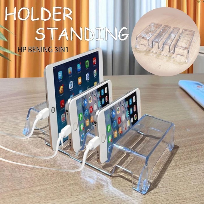 Phone Tablet Holder Standing Dudukan HP Bening Acrylic 3 IN 1 3in1 Tempat taruh mount Smartphone Pajangan HP Tab Bening transparan Dudukan Perapih Charge Charging Akrilik Charger Akrilik display Handphone Docking Organizer